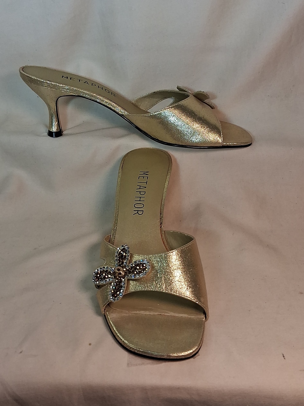 Metaphor Metallic Gold Slide Sandals with Beautiful Crystal Flower.